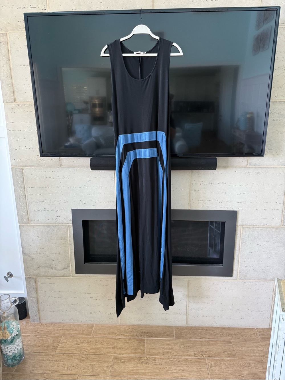 Tory Burch Black Maxi Dress/ Blue Stripe and handkerchief hem; XL/TG